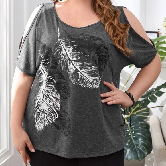 OPEN SHOULDER FEATHER PRINT TEE - Picture 1 of 4